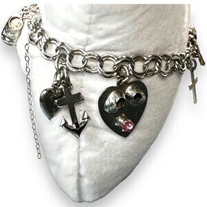 Vintage Forstner Charm Bracelet With Heart & Cross Charms And Pink Stone Accent